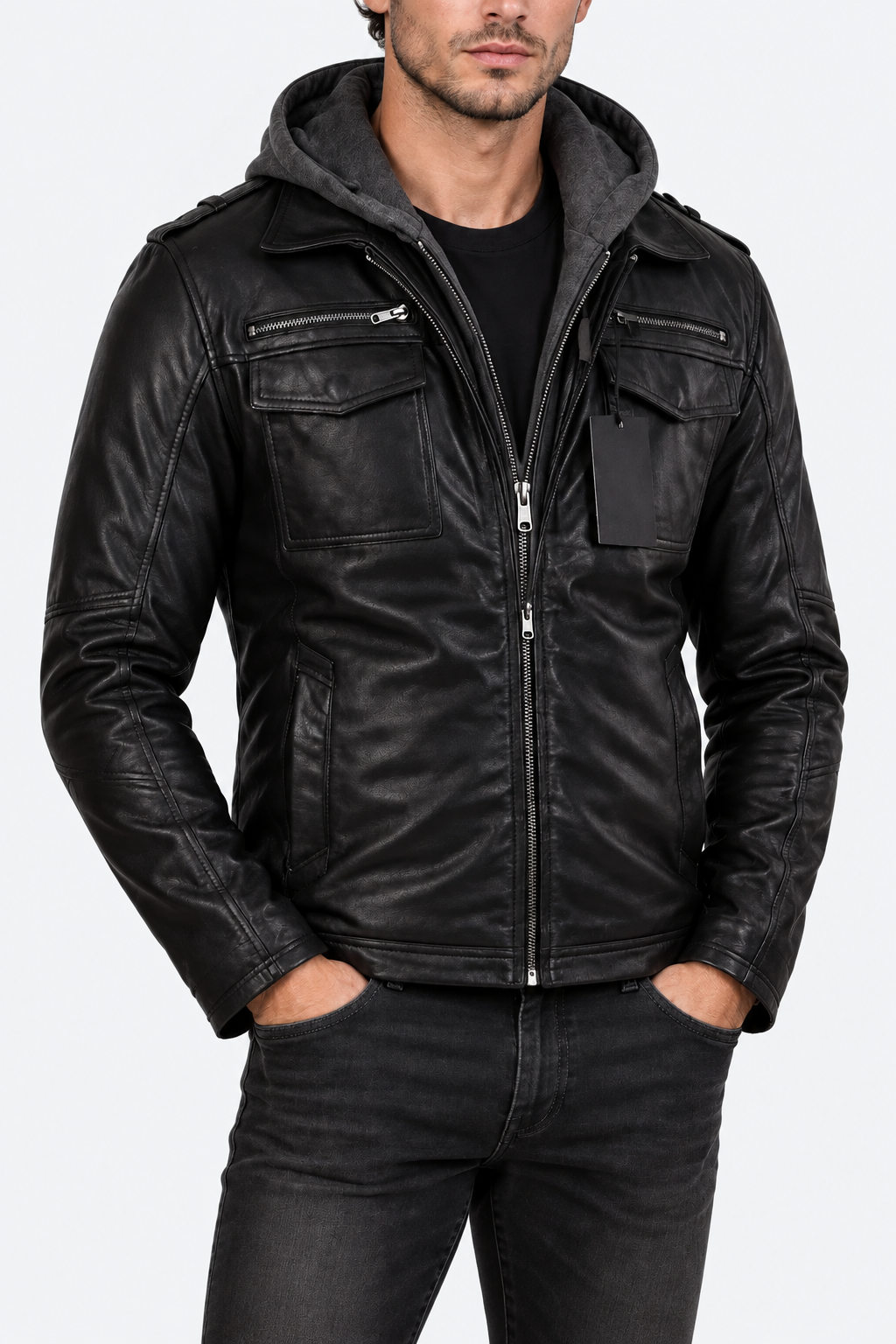 Men's Hooded Black Genuine Leather Bomber Jacket