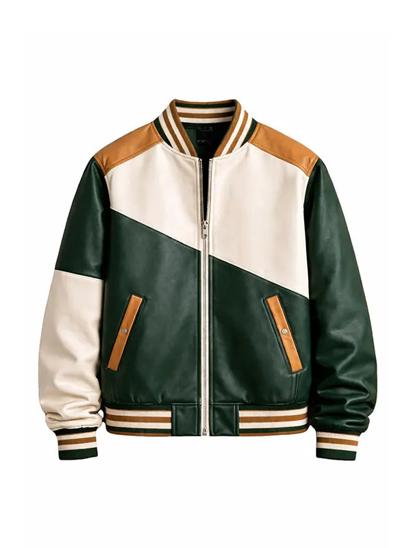 Men's Green Varsity Genuine Leather Bomber Jacket
