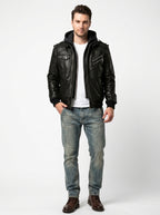 Men’s Motorcycle Jacket with Removable Hood – Leather Biker Jacket