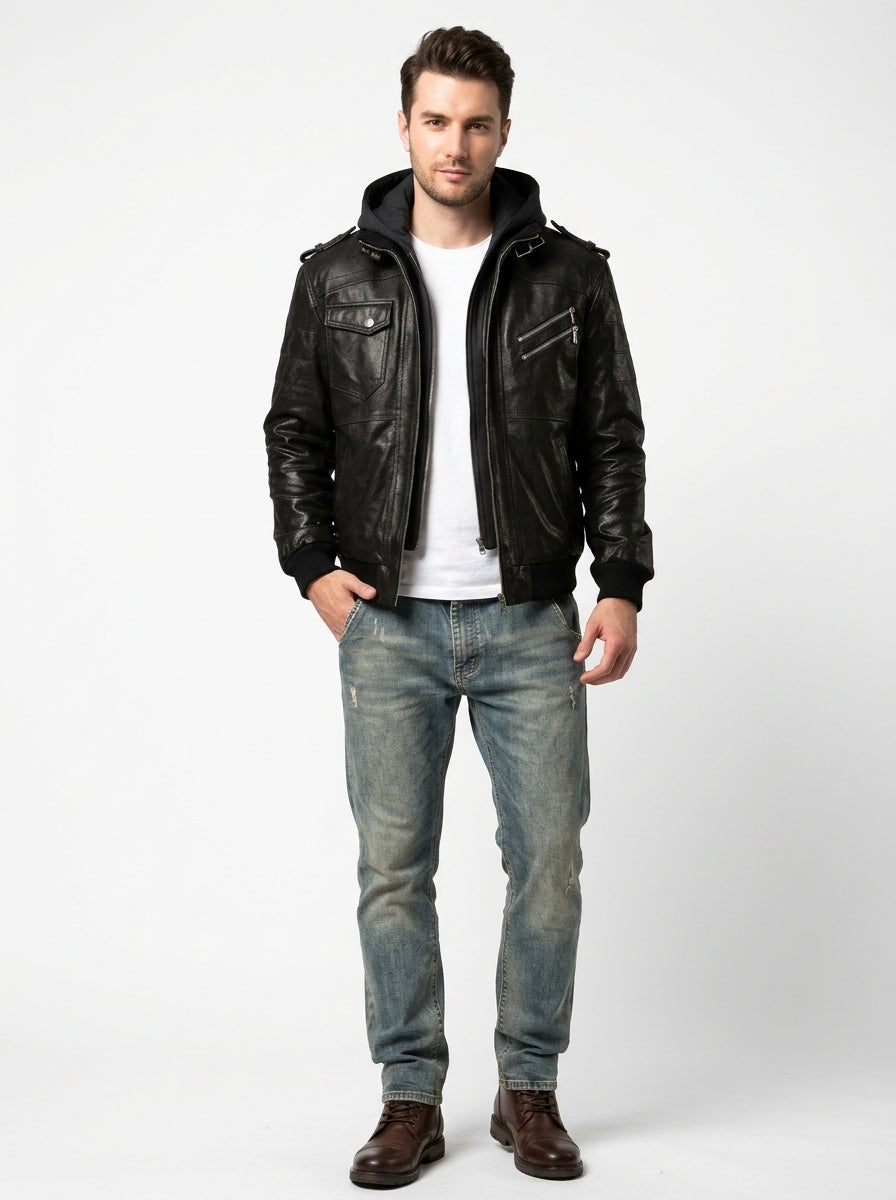 Men’s Motorcycle Jacket with Removable Hood – Leather Biker Jacket