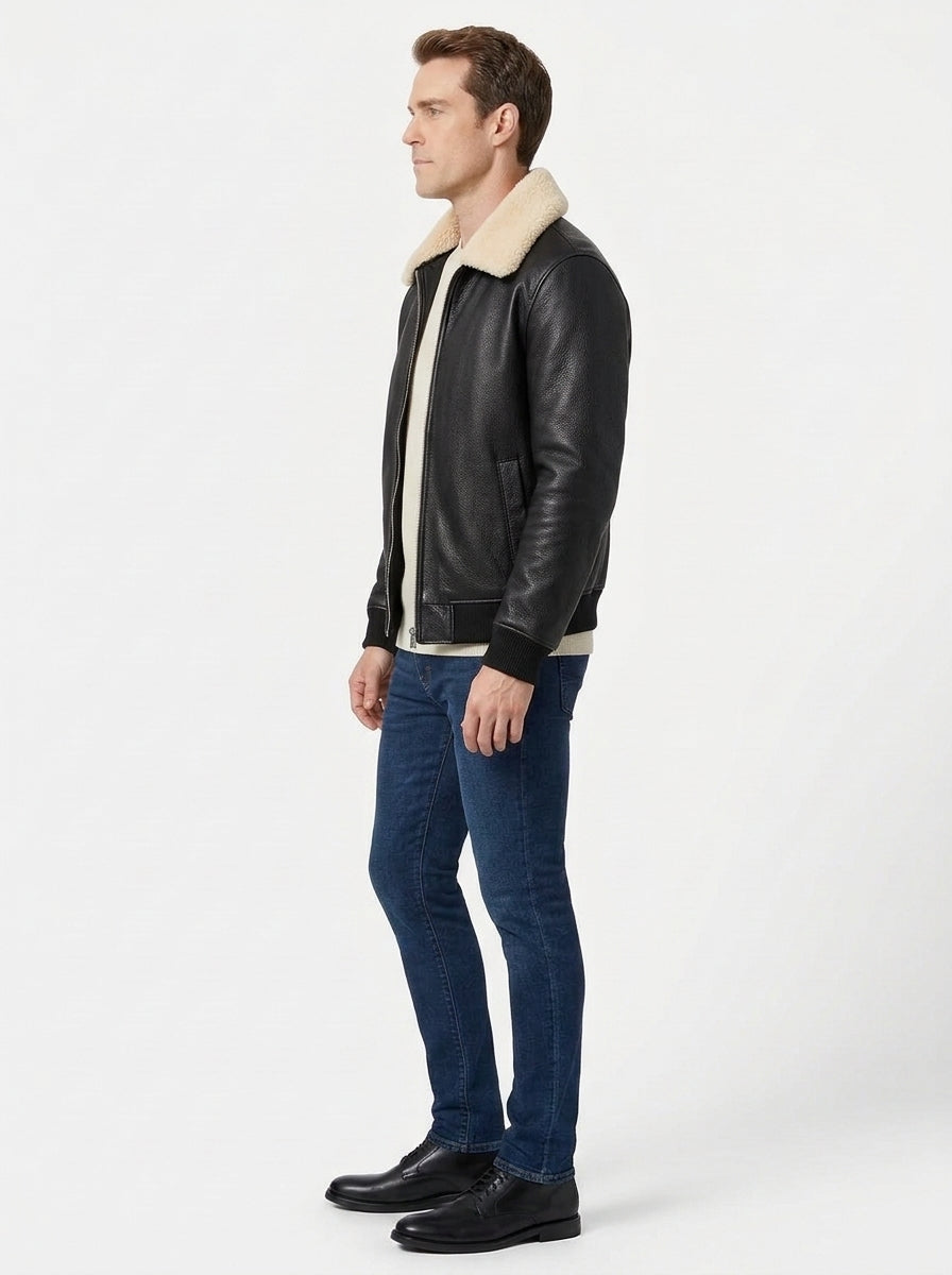 Shop Men's Faux Leather Aviator Bomber Jacket with Sherpa Collar