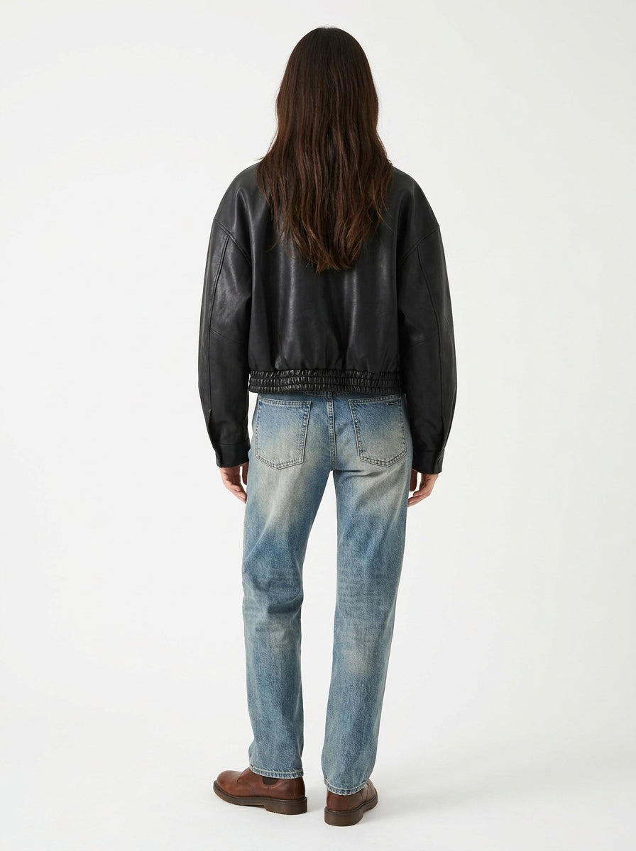 Women's Oversized Faux Leather Bomber Jacket – Cropped Zip-Up Aviator Coat