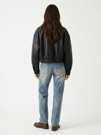Women's Oversized Faux Leather Bomber Jacket – Cropped Zip-Up Aviator Coat