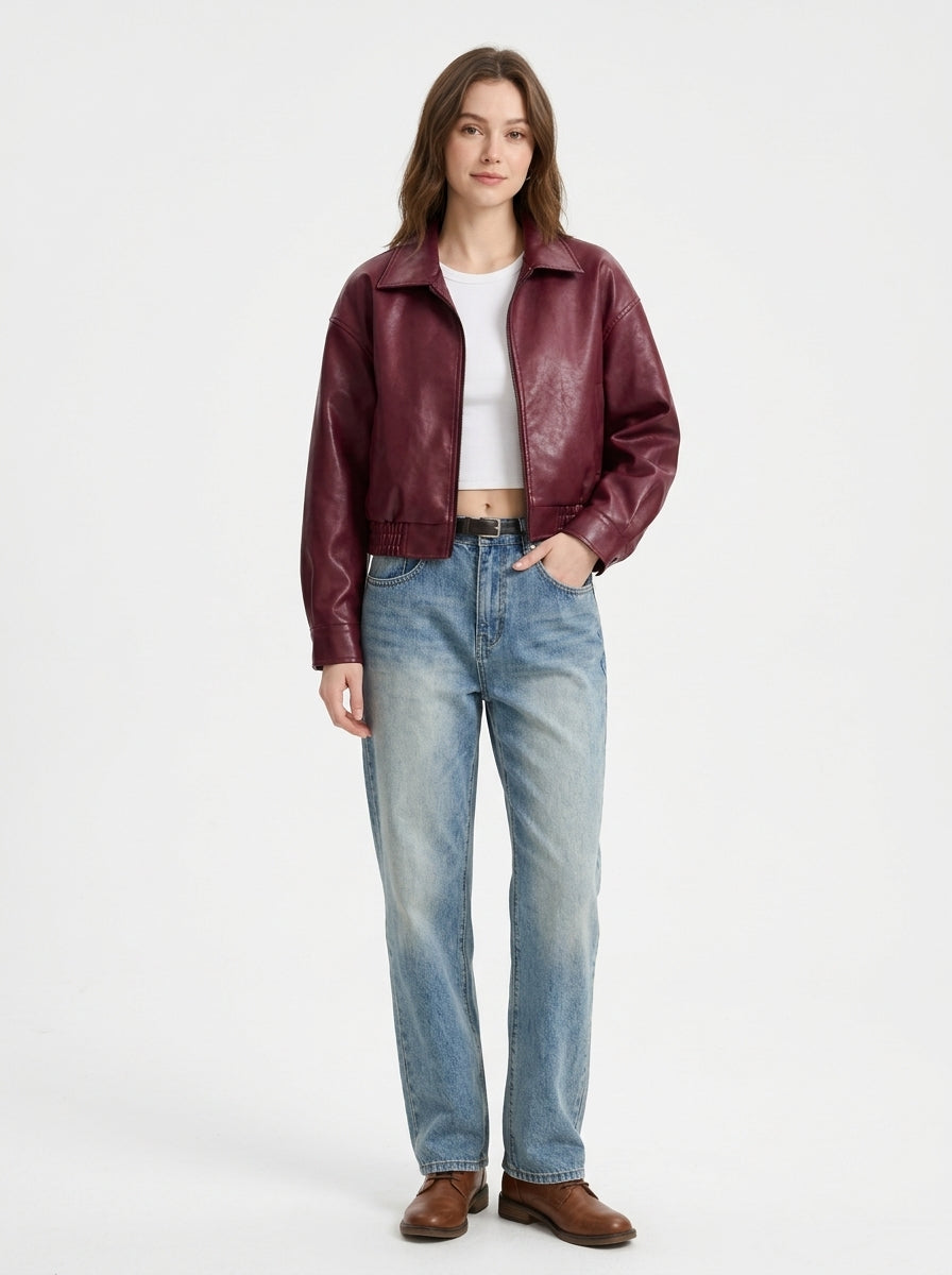 Women's Oversized Faux Leather Bomber Jacket – Cropped Zip-Up Aviator Coat