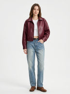 Women's Oversized Faux Leather Bomber Jacket – Cropped Zip-Up Aviator Coat
