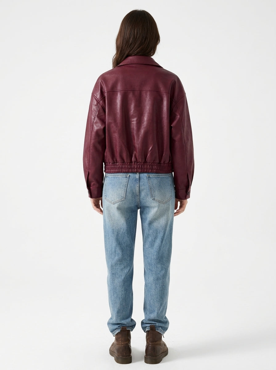 Women's Oversized Faux Leather Bomber Jacket – Cropped Zip-Up Aviator Coat