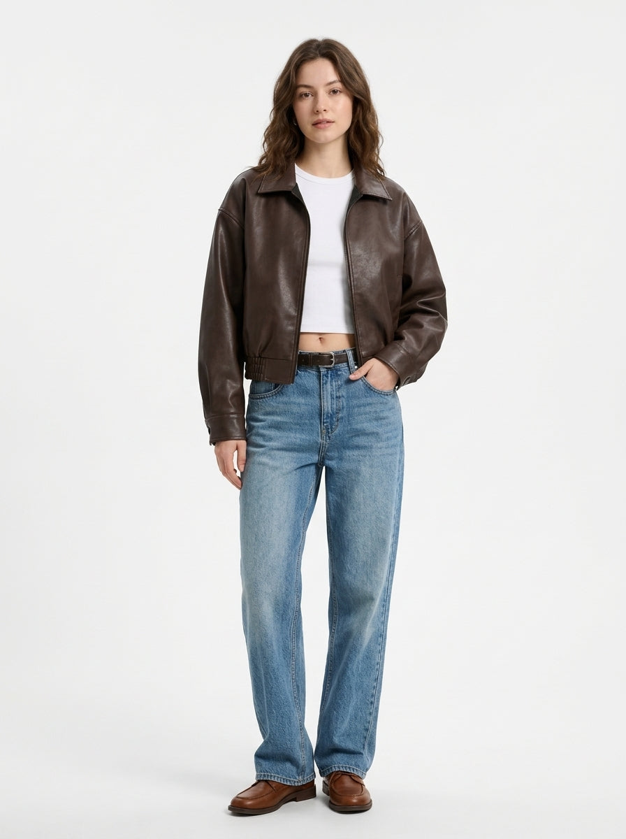 Women's Oversized Faux Leather Bomber Jacket – Cropped Zip-Up Aviator Coat