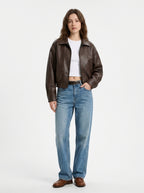 Women's Oversized Faux Leather Bomber Jacket – Cropped Zip-Up Aviator Coat