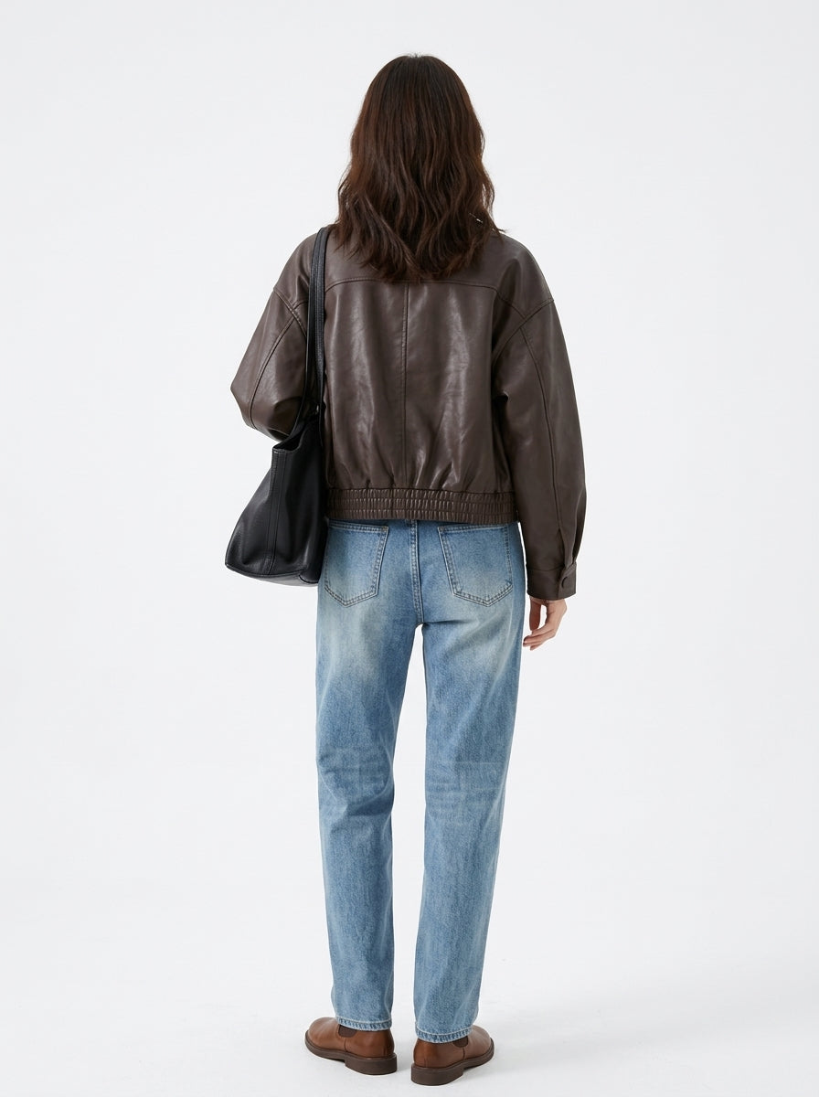Women's Oversized Faux Leather Bomber Jacket – Cropped Zip-Up Aviator Coat