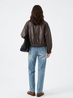 Women's Oversized Faux Leather Bomber Jacket – Cropped Zip-Up Aviator Coat