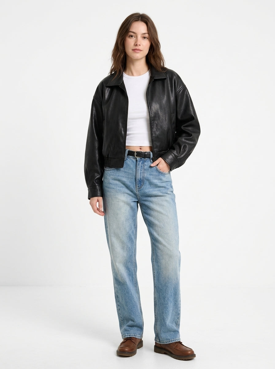Women's Oversized Faux Leather Bomber Jacket – Cropped Zip-Up Aviator Coat
