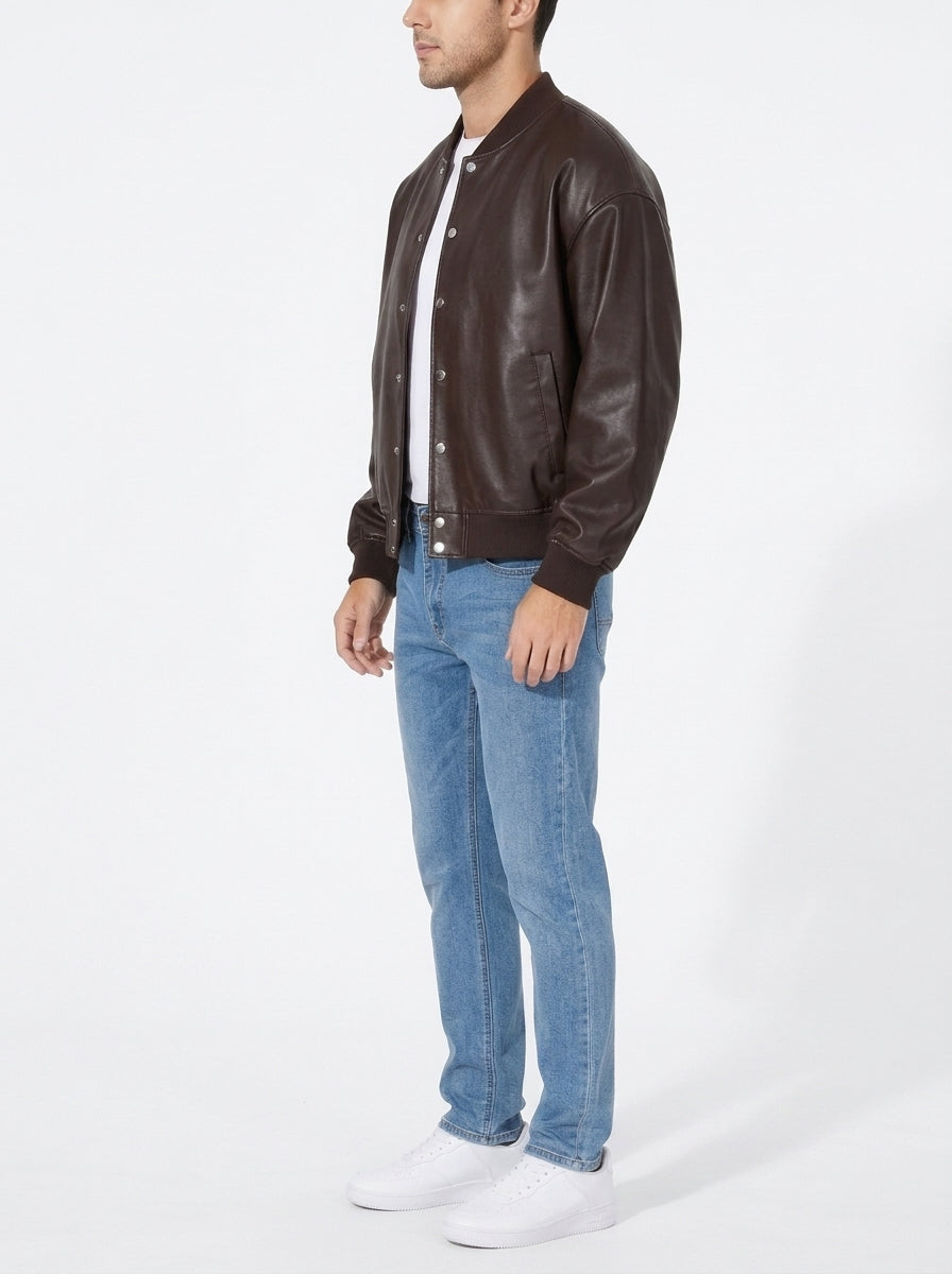 Men’s Oversized Genuine Leather Bomber Jacket – Real Leather Varsity Coat