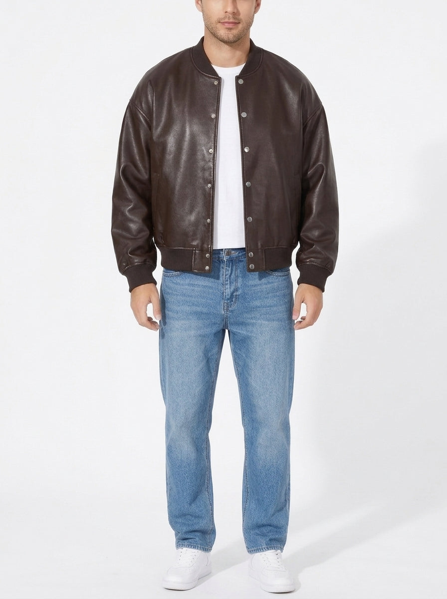 Men’s Oversized Genuine Leather Bomber Jacket – Real Leather Varsity Coat
