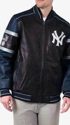 NY Yankees Inspired Black & Navy Striped Leather Varsity Jacket