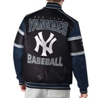 NY Yankees Inspired Black & Navy Striped Leather Varsity Jacket