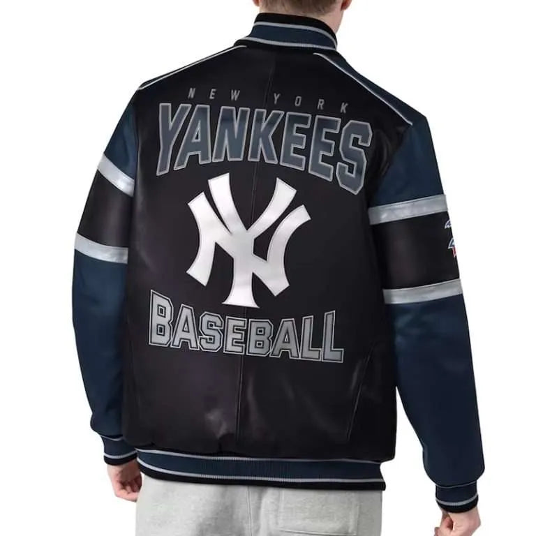 NY Yankees Inspired Black & Navy Striped Leather Varsity Jacket