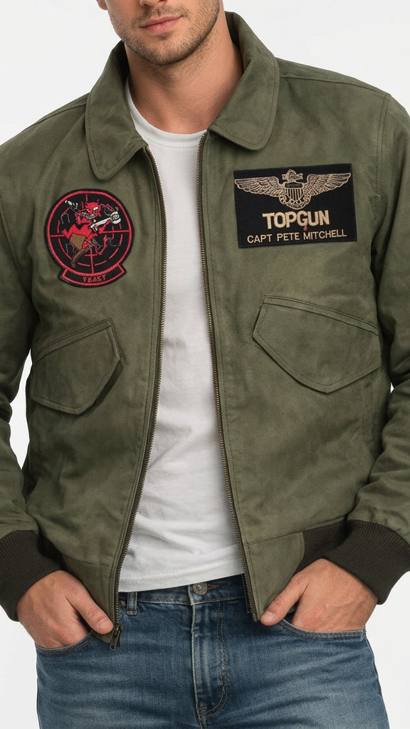 A man wearing an olive green bomber jacket with military-style patches on the sleeves and chest, layered over a white t-shirt and blue jeans. The jacket features a high collar, zippered front, and detailed embroidered graphics.