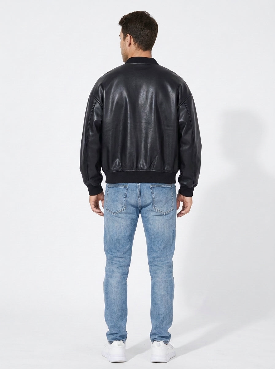 Men’s Oversized Genuine Leather Bomber Jacket – Real Leather Varsity Coat
