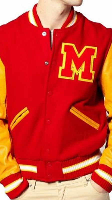 Red and yellow varsity jacket with a large 'M' on the chest against a white background