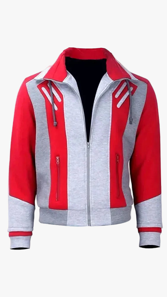 Red and grey Ryan Potter Gar Logan inspired fleece jacket with shirt collar, zipper closure and waist pockets