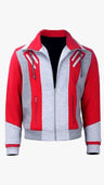 Red and grey Ryan Potter Gar Logan inspired fleece jacket with shirt collar, zipper closure and waist pockets