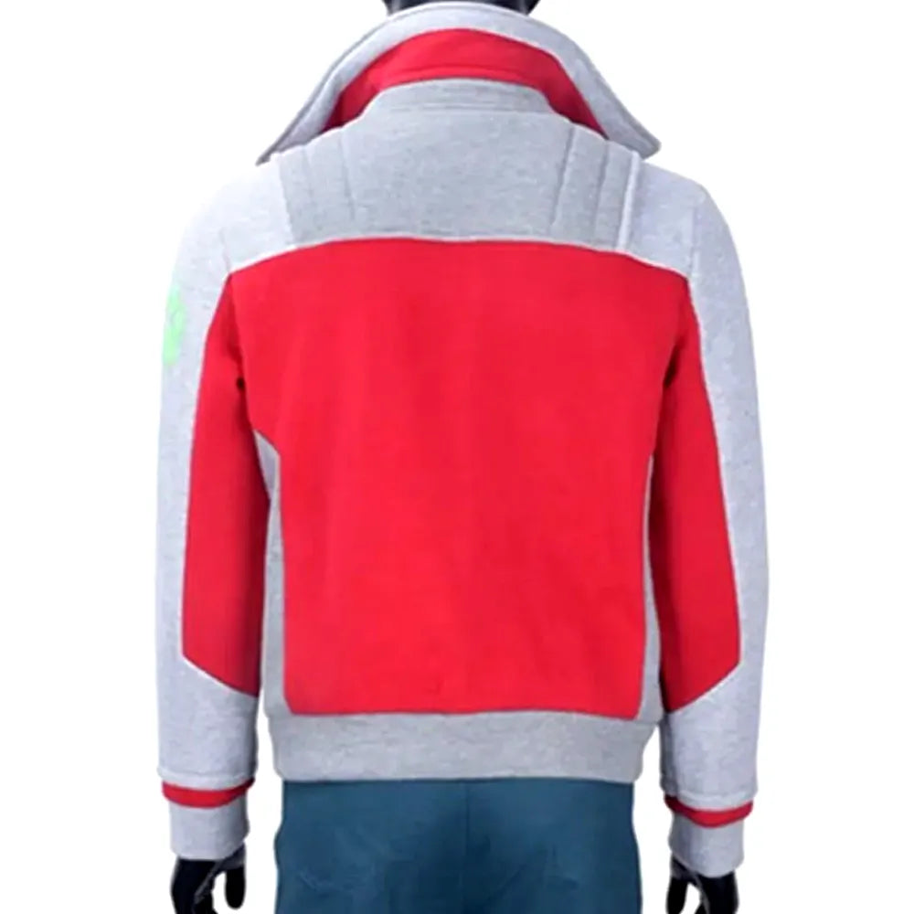 Red and grey Ryan Potter Gar Logan inspired fleece jacket with shirt collar, zipper closure and waist pockets