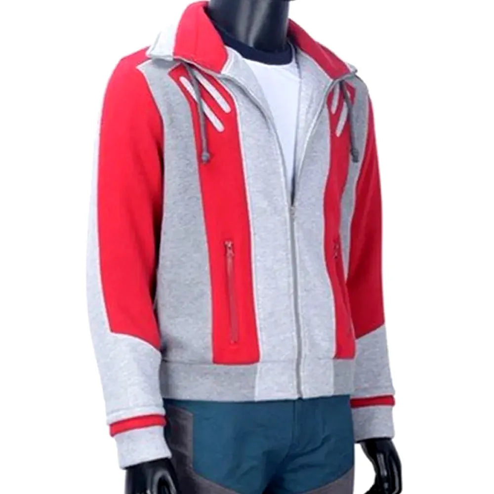 Red and grey Ryan Potter Gar Logan inspired fleece jacket with shirt collar, zipper closure and waist pockets