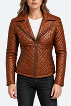 Women's Quilted Tan Brown Sheepskin Leather Jacket
