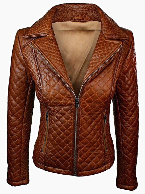 Women's Quilted Tan Brown Sheepskin Leather Jacket