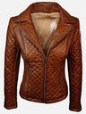 Women's Quilted Tan Brown Sheepskin Leather Jacket