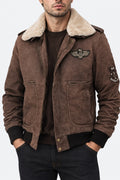 Shop Men Brown Leather Bomber Aviator Shearling Jacket with Removable Collar