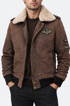 Shop Men Brown Leather Bomber Aviator Shearling Jacket with Removable Collar