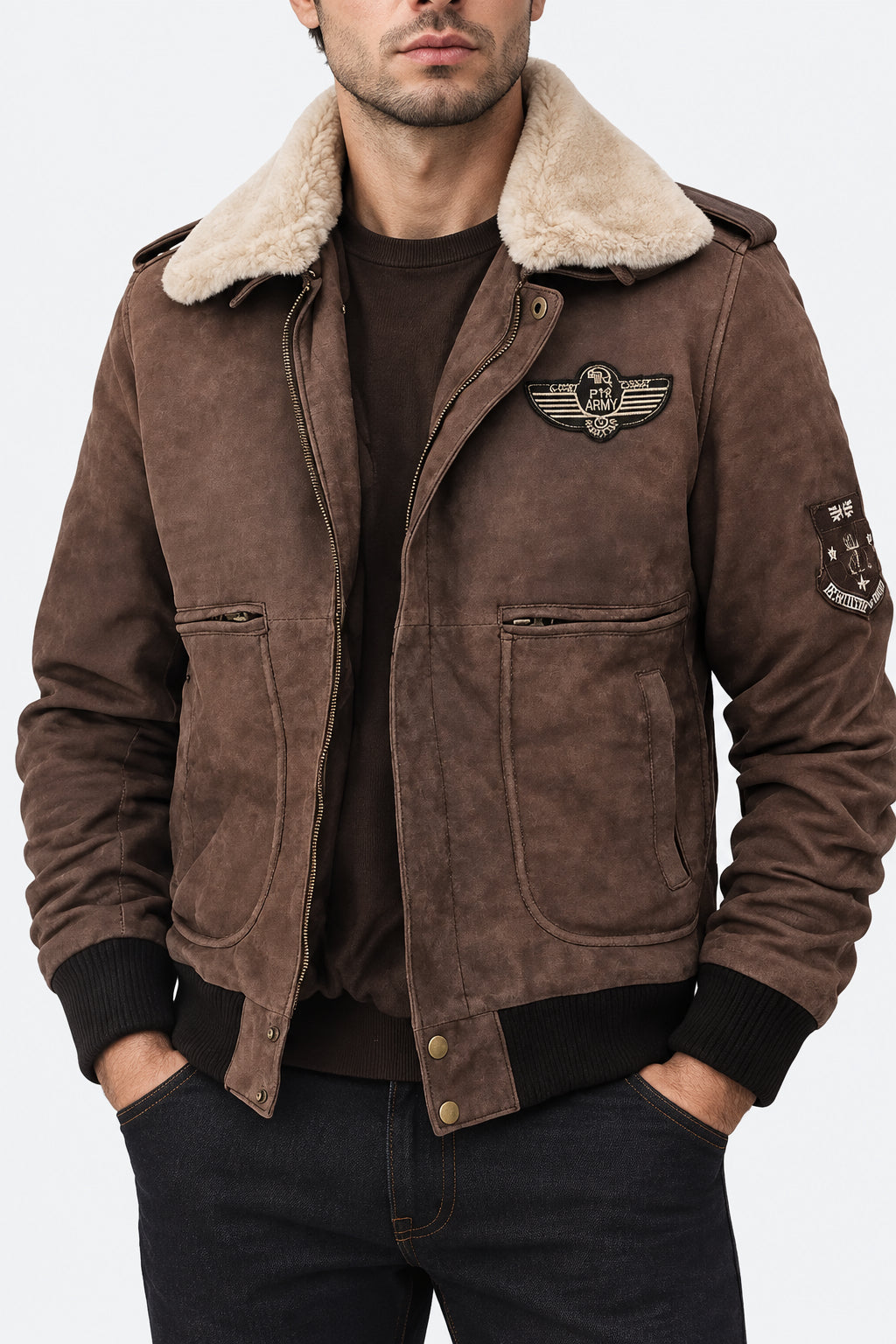 Shop Men Brown Leather Bomber Aviator Shearling Jacket with Removable Collar