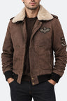 Shop Men Brown Leather Bomber Aviator Shearling Jacket with Removable Collar