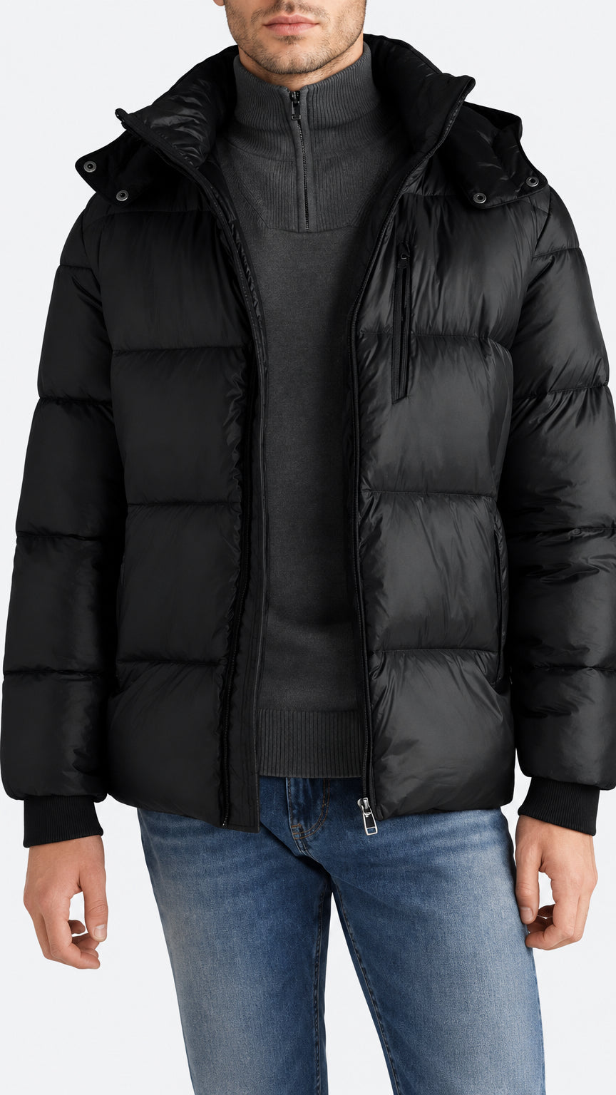 Shop Mens Black Hooded Puffer Jacket