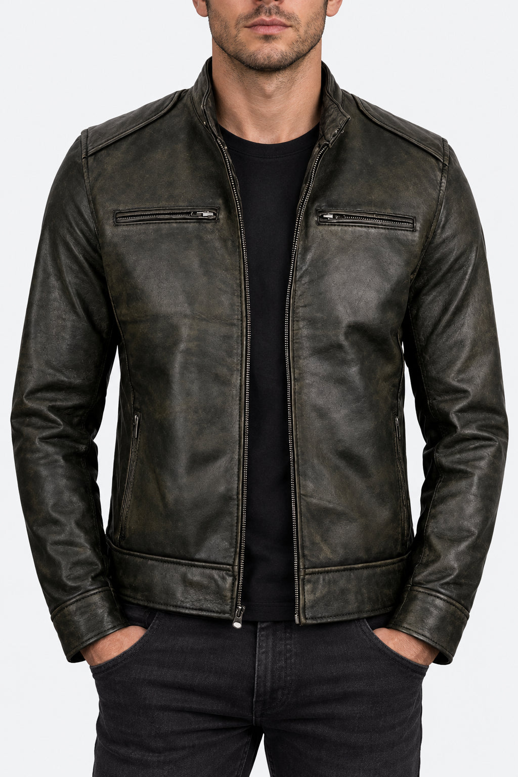 Shop Mens Dodge Black Waxed Racer Leather Jacket