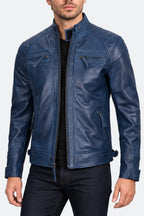 Shop Mens Leather Blue Wax Cafe Racer Biker Jacket