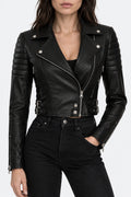Shop Premium Women Asymmetrical Black Cropped Moto Leather Jacket By USO