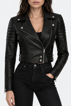 Shop Premium Women Asymmetrical Black Cropped Moto Leather Jacket By USO