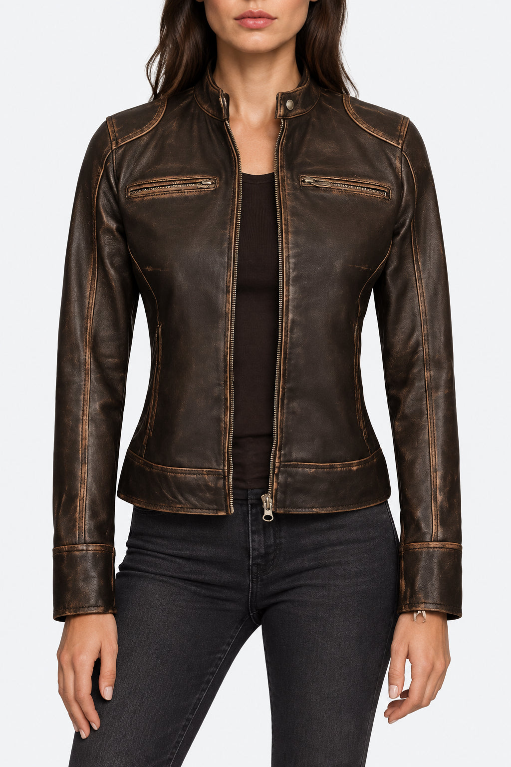 Shop Womens Rub Off Brown Vintage Leather Jacket
