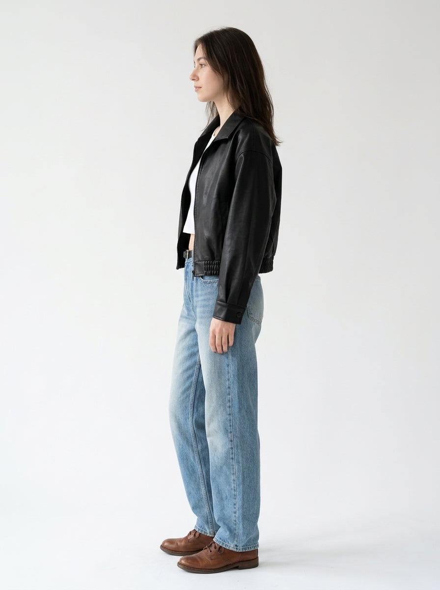 Women's Oversized Faux Leather Bomber Jacket – Cropped Zip-Up Aviator Coat
