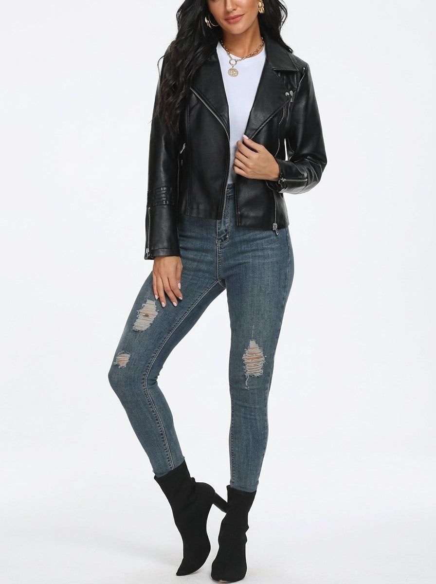 Shop Women's Faux Leather Moto Jacket with Lapel Collar