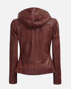 Elegant asymmetrical brown leather jacket with hood for a sleek look