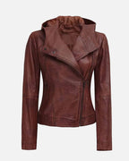 Sophisticated asymmetrical brown leather jacket with hood for the fashion-forward woman