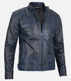 Men's blue waxed leather jacket with cafe racer design in United State Market