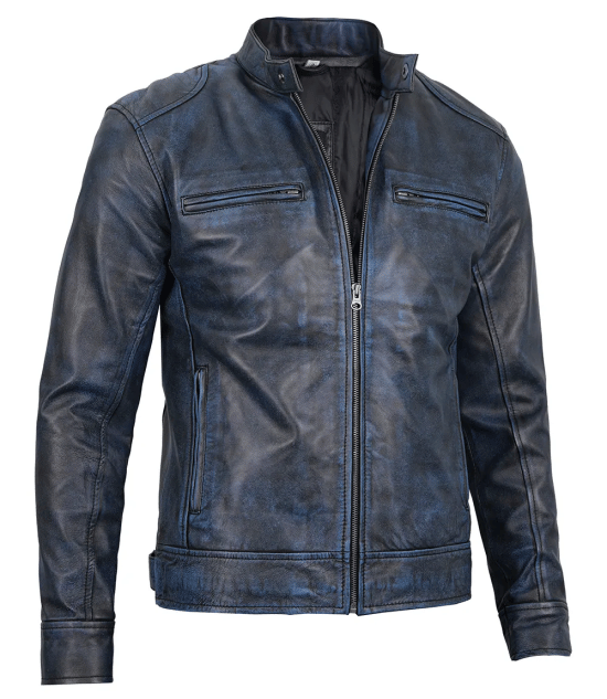 Men's blue waxed leather jacket with cafe racer design in United State Market