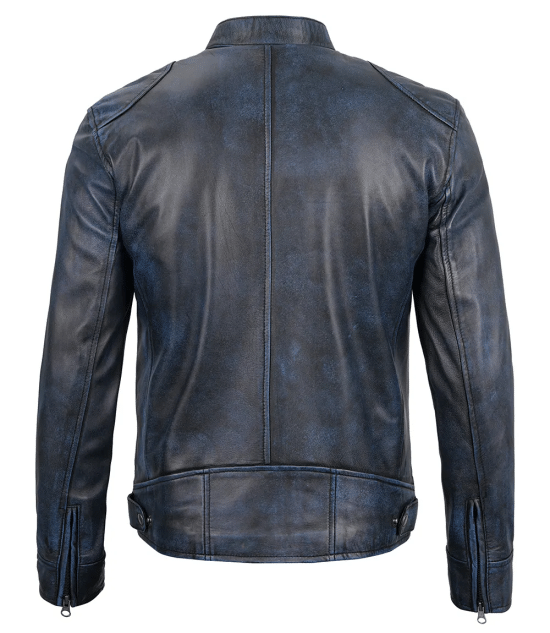 Dodge blue cafe racer leather jacket for men in United State Market