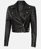 USO Women’s Premium Black Cropped Moto Leather Jacket with Asymmetrical Design in United state market