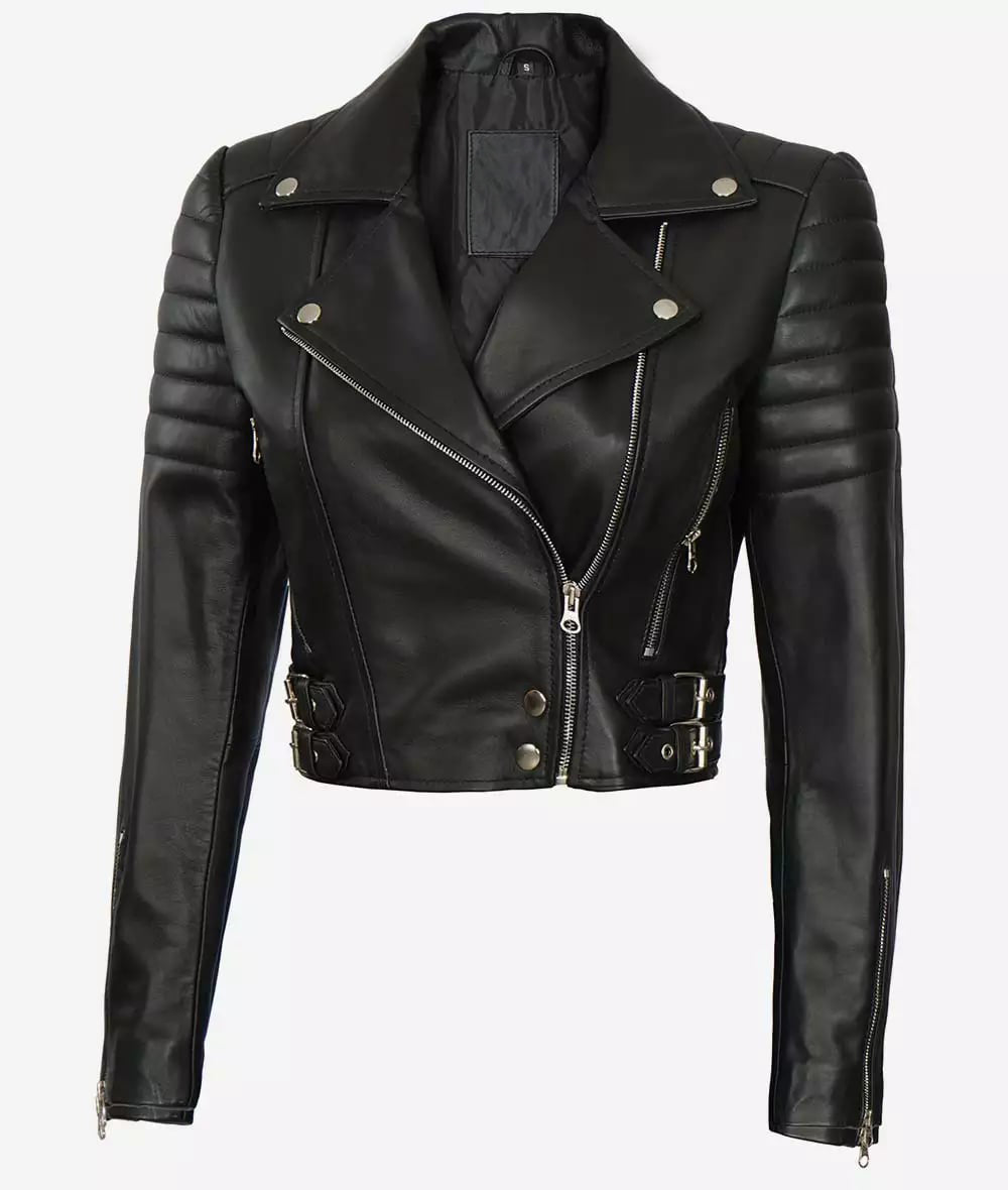USO Women’s Premium Black Cropped Moto Leather Jacket with Asymmetrical Design in United state market