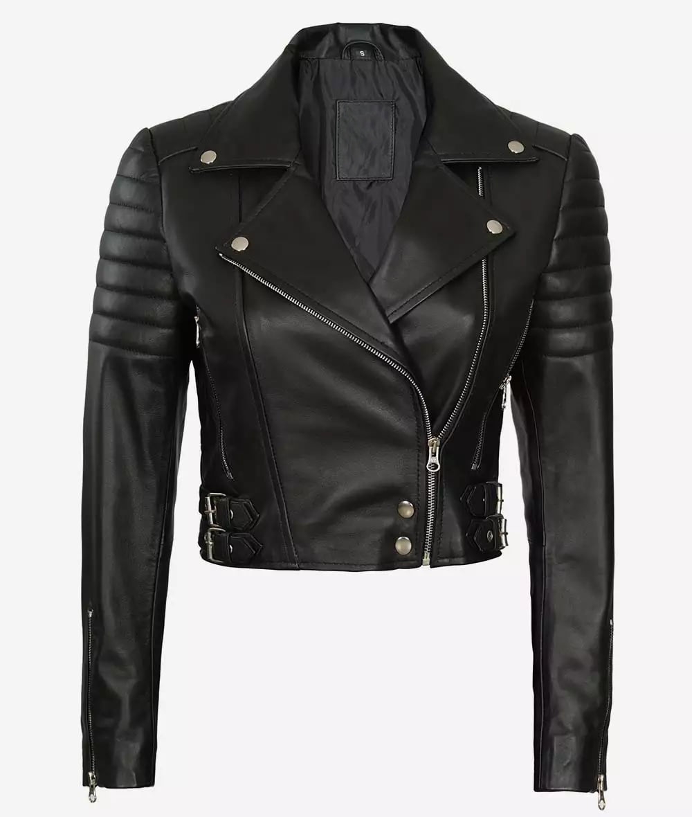 Premium Women’s Asymmetrical Black Cropped Moto Leather Jacket by USO in USA